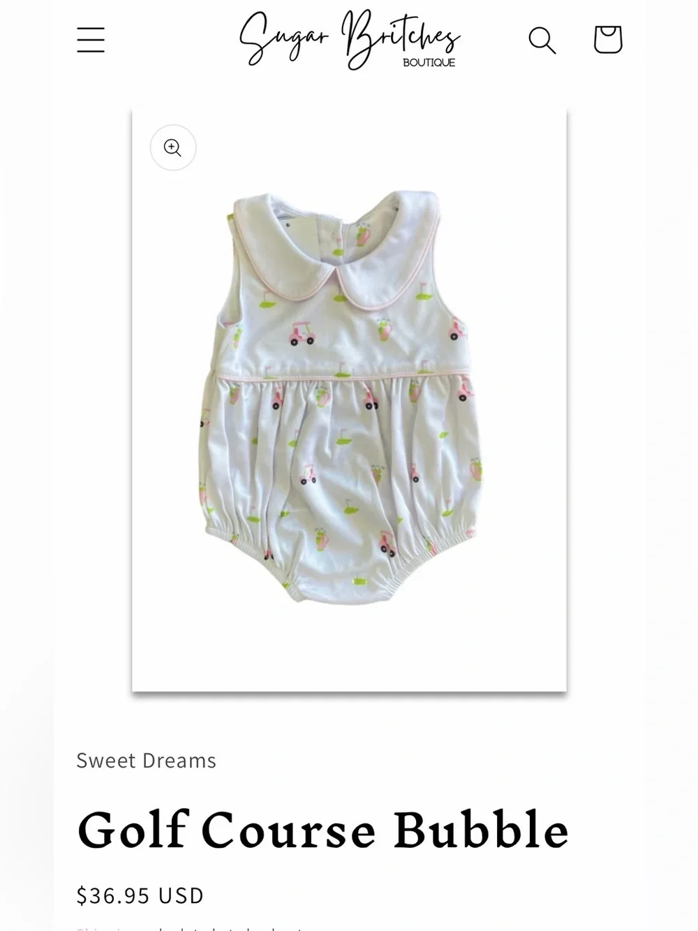 Girls 18 months Sweet Dreams White Bubble Romper with Pink & Green Golf Print